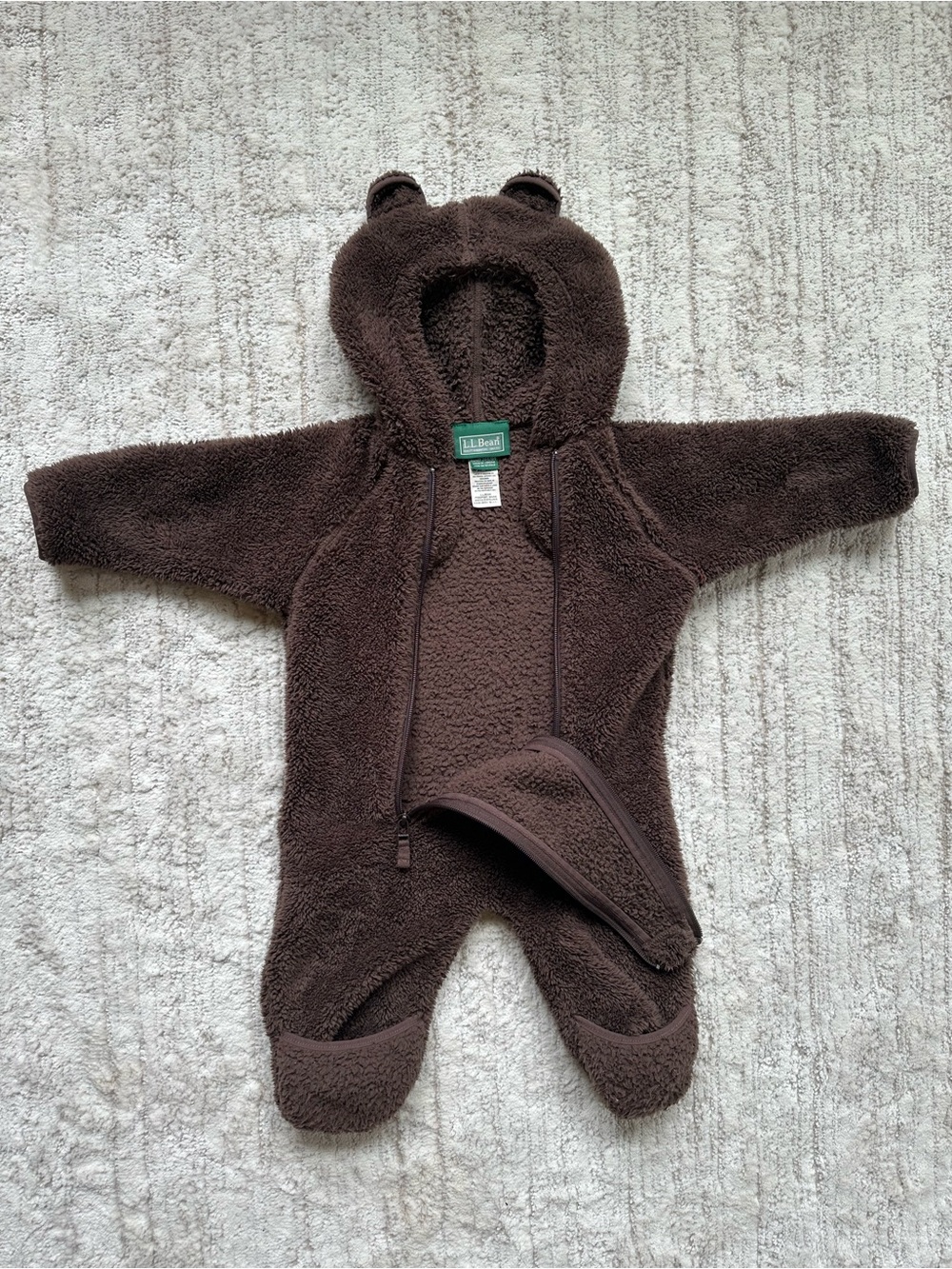 LL Bean Fleece Bunting One Piece Infant Baby 3-6 Months Zip Brown Teddy Bear - Picture 2 of 16